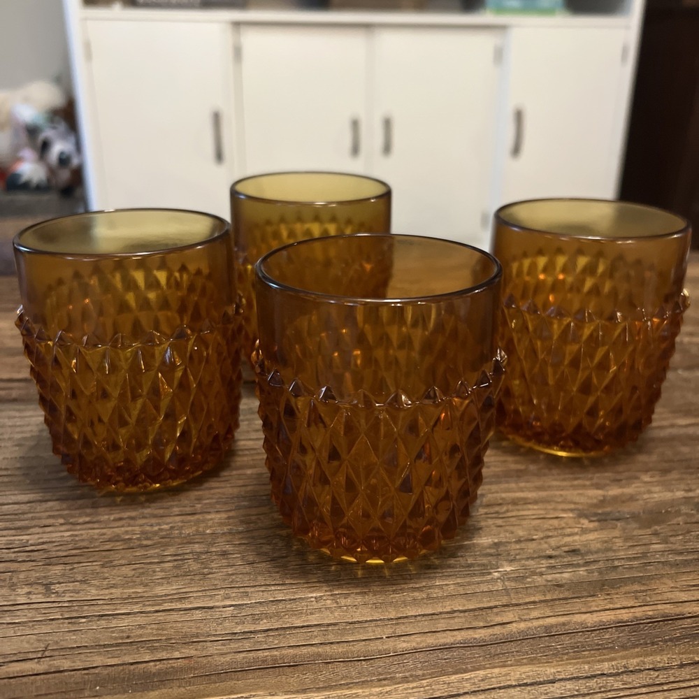 Vintage Indiana Glass Diamond Point Fkat Amber Tumblers, Set Of 4, 3.5" Tall